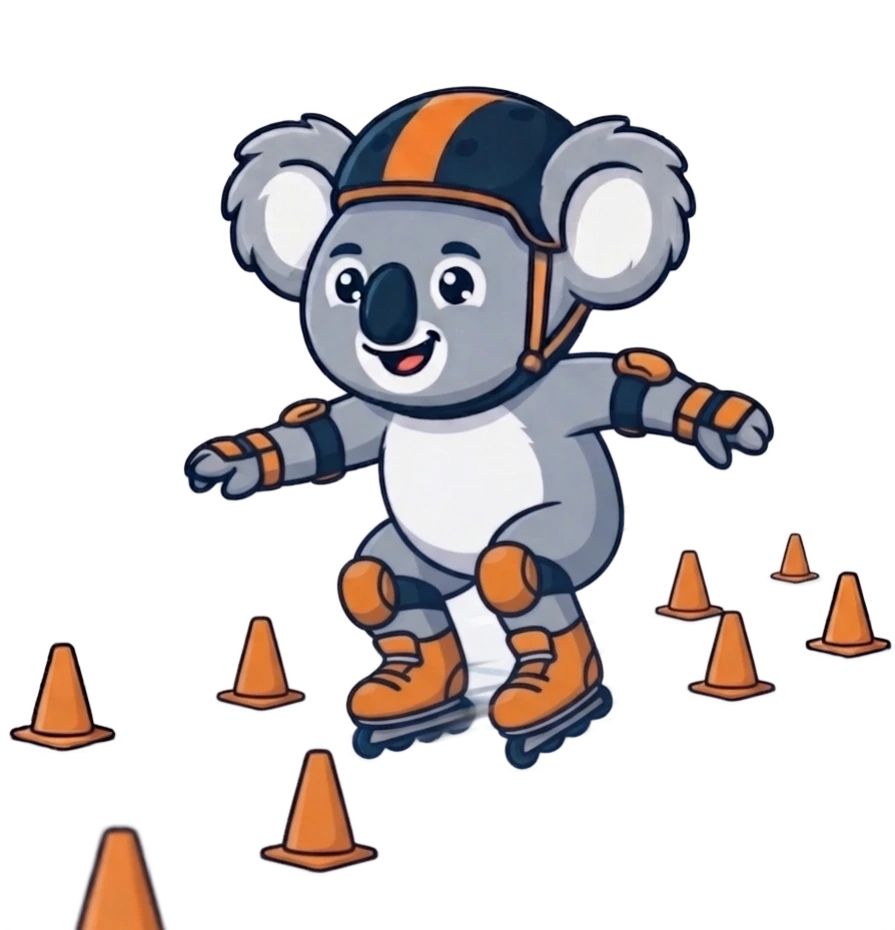 Roblading koala skating confidently between cones